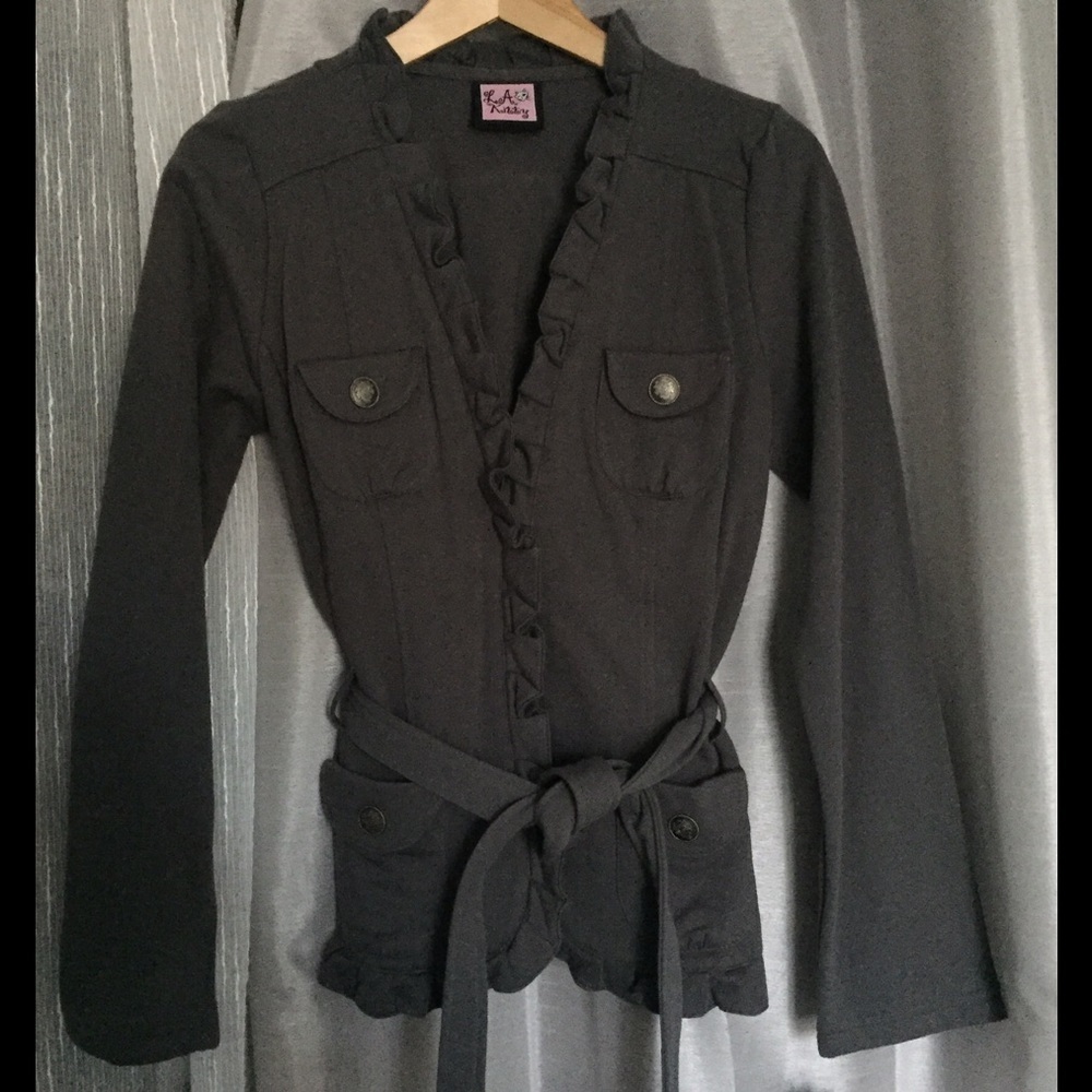 NWOT LA Kitty Grey Tie Waist Ruffled Jacket
